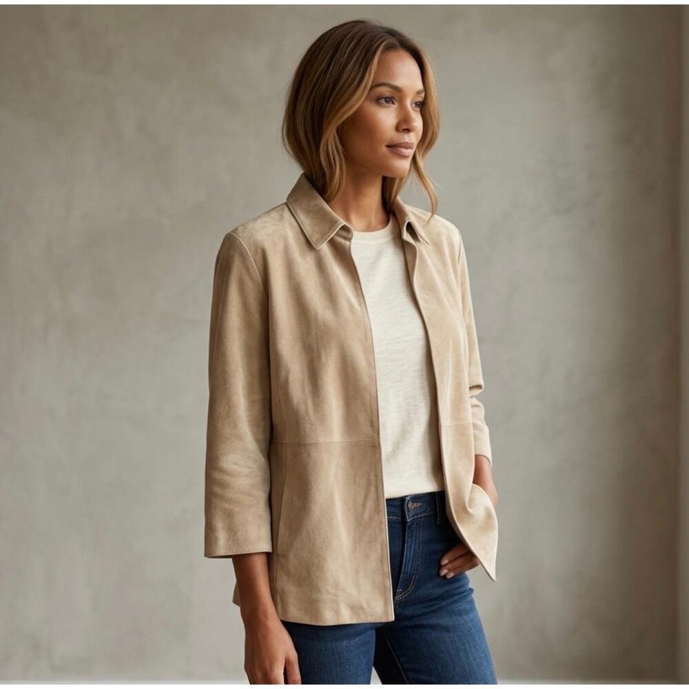 Outfit JP Petite Medium Suede Leather Jacket Tan Beige Open‎ Front Cardigan Coat
